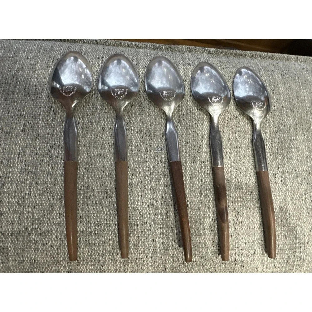 Ekco‎ Eterna Forged Stainless Spoons Faux Wood Handle Korea Vintage Set of 5